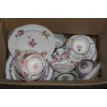 A box of early 19th century and later hand painted and printed pottery tea ware,