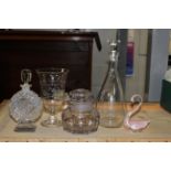 A 19th century wheel engraved celery vase and a selection of other glassware including a decanter,