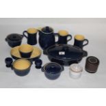 Twelve pieces of Denby blue glazed stoneware tableware, together with two other items.