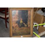 A 19th century nieve oil painting of a cockerel and two hens, canvas, 57 cm x 41 cm,