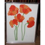 A Jan Jensen pencil signed poppy print housed within a silver coloured metal frame, 73 cm x 52 cm.