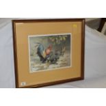A modern limited edition print depicting chickens, signed within the print with an artists device,