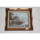 A 20th century oil painting - Fishing boats in Mediterranean harbour, canvas 21 cm x 25 cm,