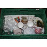 A box of miscellaneous china and glass including Continental jugs and plates.