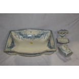 A Victorian blue and white part toilet set comprising a lobed rectangular toilet bowl,