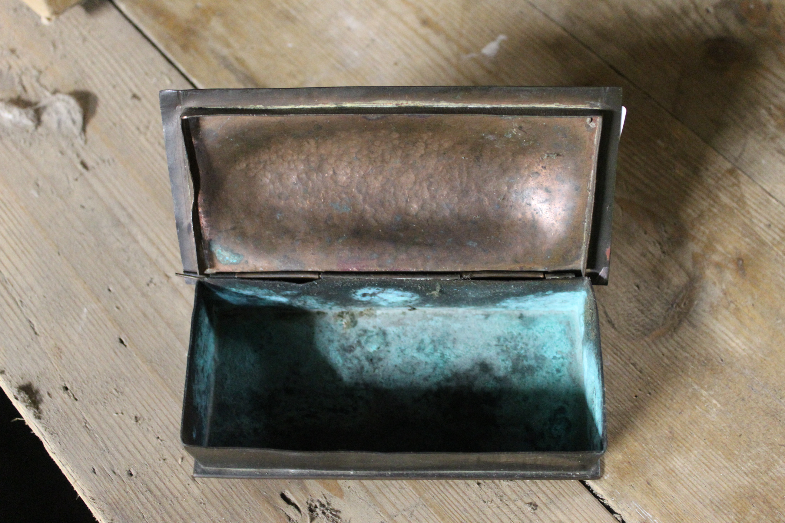 An early 20th century Art Nouveau brown patinated copper rectangular lidded box, - Image 4 of 9