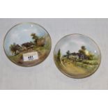 Two Royal Worcester rural hamlet scene decorated pin dishes,