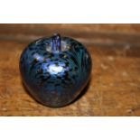A Sankey iridescent etched blue glass apple form paperweight. 7 cm high.