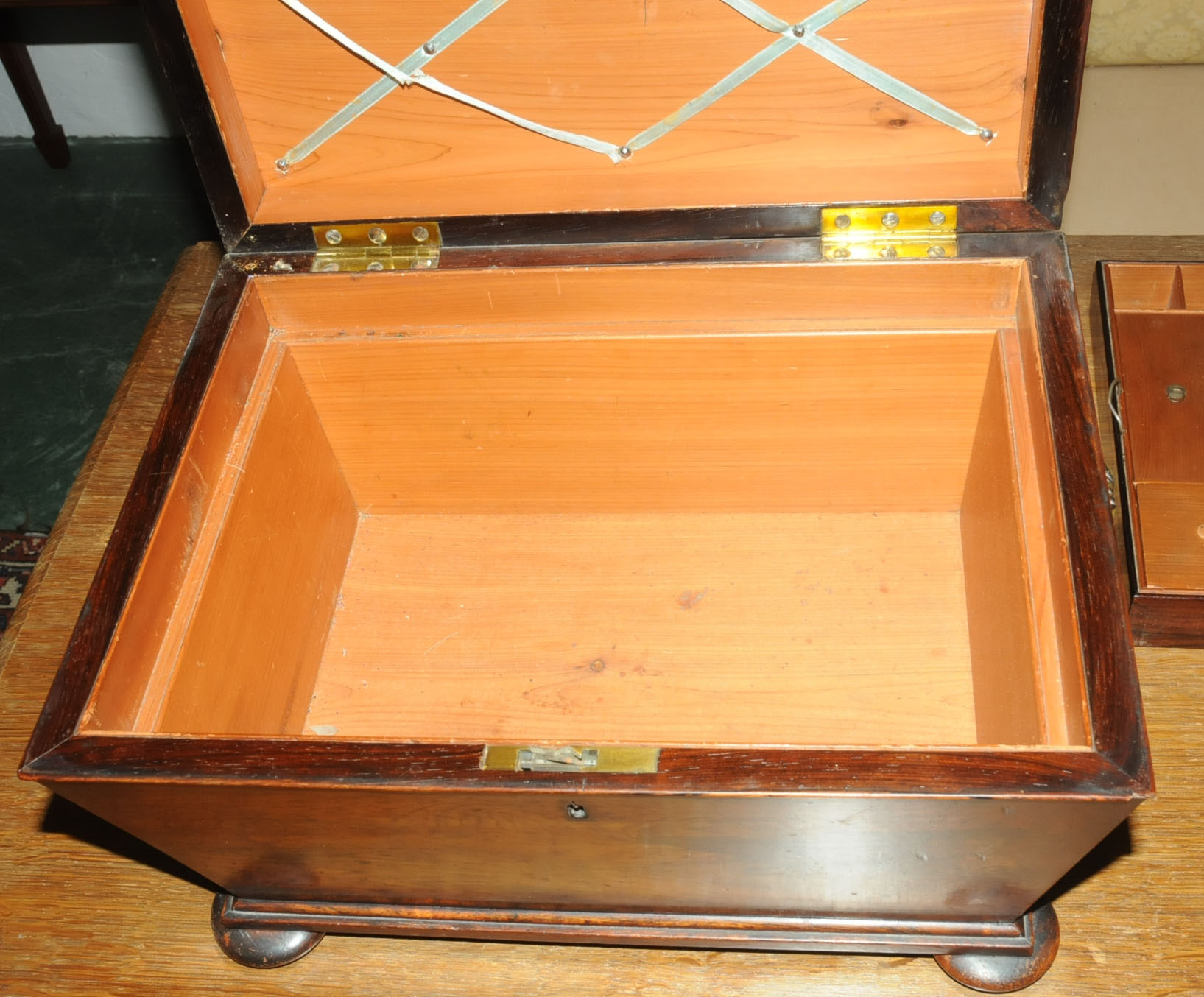 A Regency rosewood table box, with bronze handles, sarcophagus form with interior fitted for sewing. - Image 10 of 10
