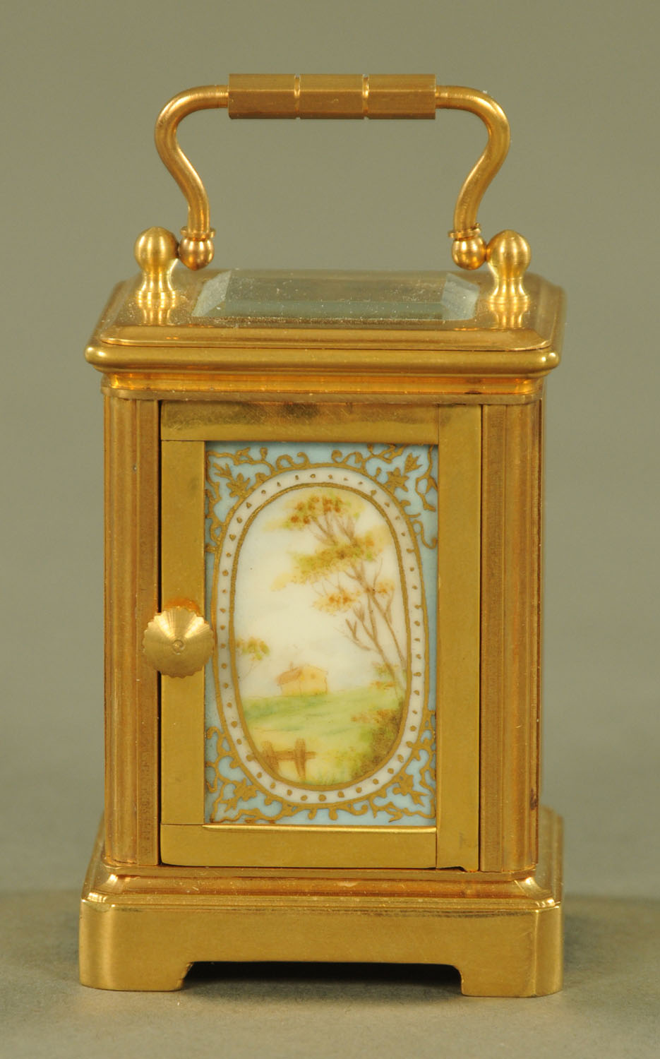 A miniature brass carriage clock, with porcelain panels, timepiece only. - Image 3 of 6