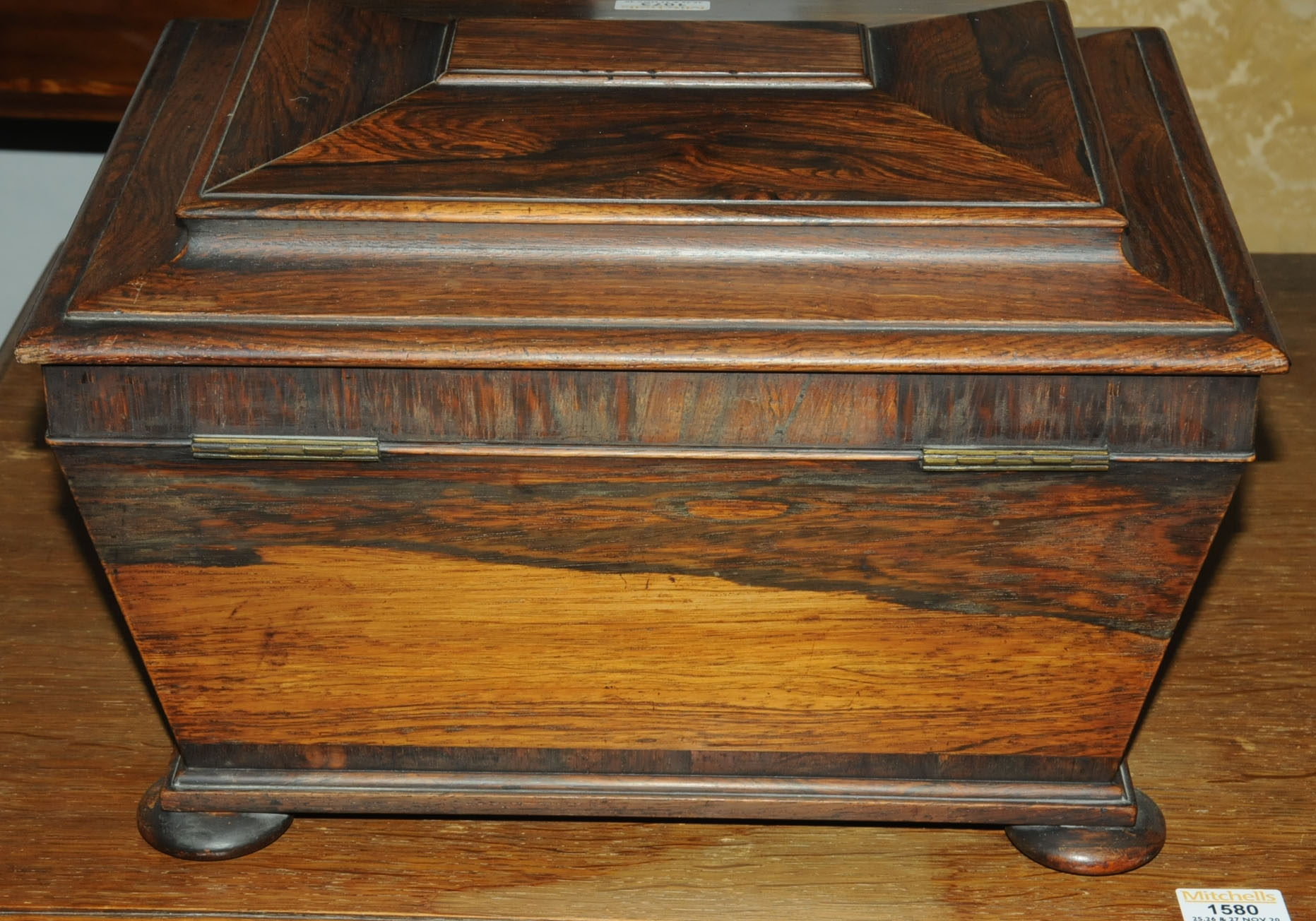 A Regency rosewood table box, with bronze handles, sarcophagus form with interior fitted for sewing. - Image 5 of 10