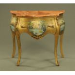 A French style commode chest of drawers, with variegated marble top,