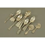 A collection of silver flatware, comprising 2 pierced decorative spoons, 3 soup spoons,