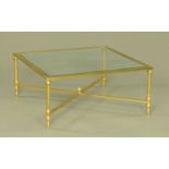 A square glass topped brass framed coffee table, with cross stretcher. Top 90 cm square.
