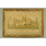 A Victorian sampler, Rosa May Bogue 1892, church and houses with scroll border.