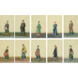 Five 19th century framed pairs of Chinese paintings on silk and another single, figural,