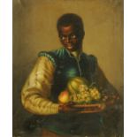 A 19th century Venetian oil painting on canvas, a Blackamoor with a bowl of fruit.