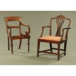 Two 19th century mahogany armchairs, one with no seat the other with drop in seat and outswept arms.