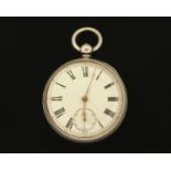 A large silver cased fusee English Lever pocket watch, key wind and currently ticking away.