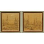 A pair of Belgian woven tapestries, town scenes. Each 46 cm square, framed.