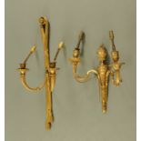 Two gilt painted metal wall light fittings, both two branch. Tallest 69 cm.