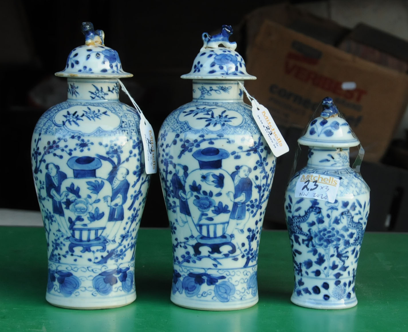 A pair of Chinese blue and white lidded vases, and another similar but smaller, - Image 6 of 14