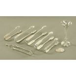 Six pairs of sugar tongs, three silver including one Edinburgh 1856 with turned finial,