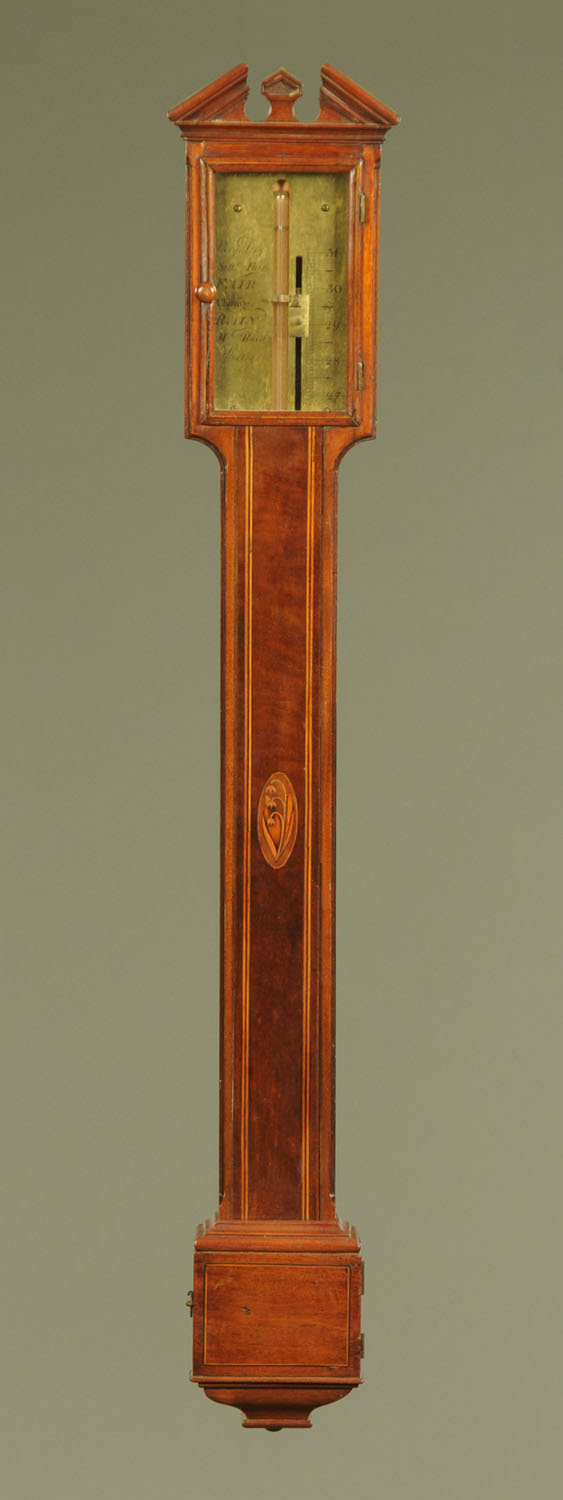 A Georgian mahogany stick barometer, with brass dial inscribed Rowland Bristol. Height 100 cm.