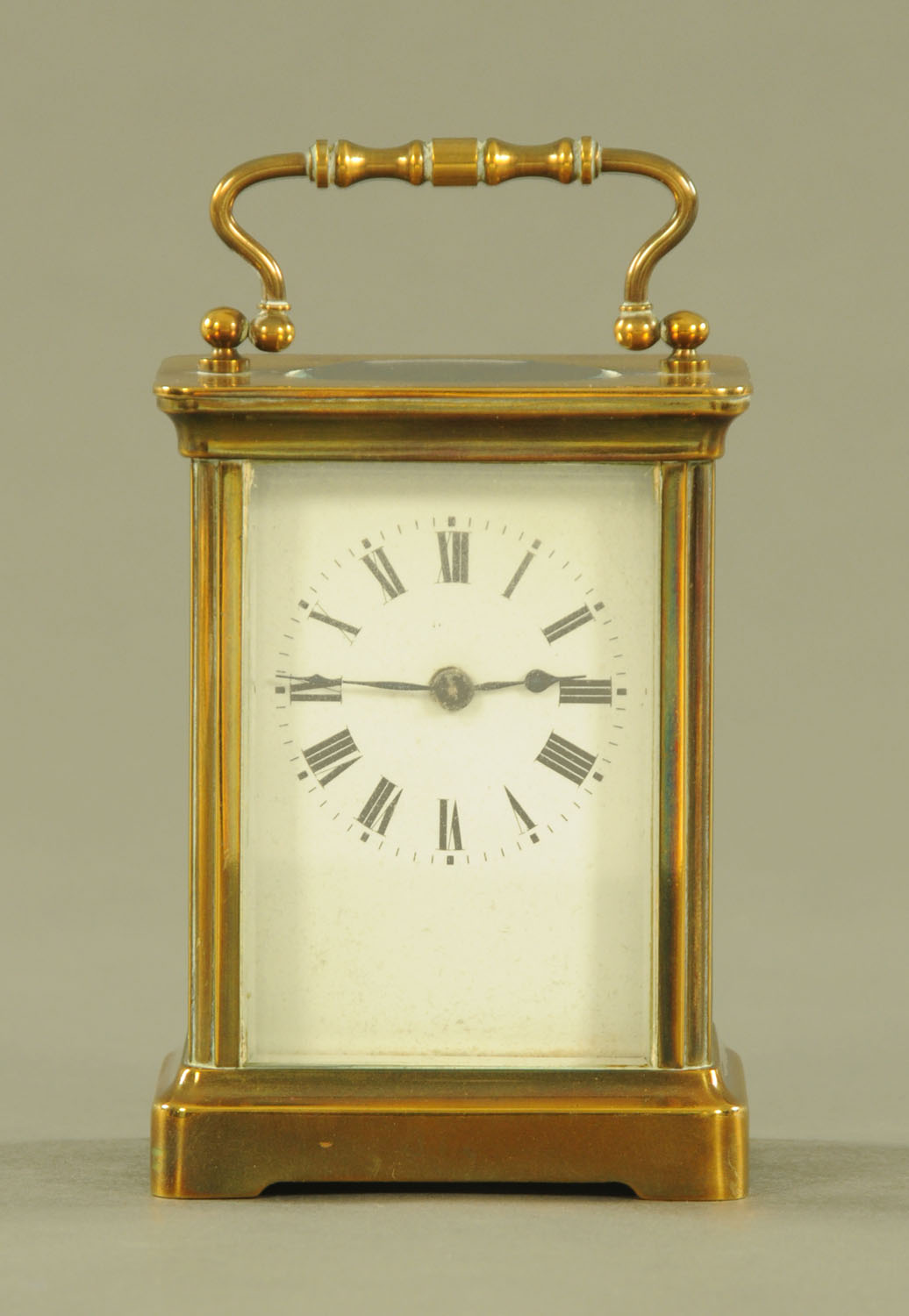 A brass cased carriage clock, timepiece only. Height excluding carrying handle 11 cm.