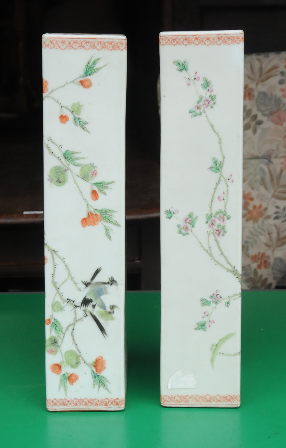 A pair of Chinese rectangular tall stands, decorated with chrysanthemum and birds. Height 42 cm. - Image 3 of 7