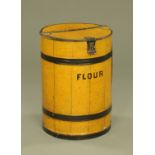 A 19th century painted and galvanised flour bin, with iron hasp. diameter 47 cm, height 65 cm.