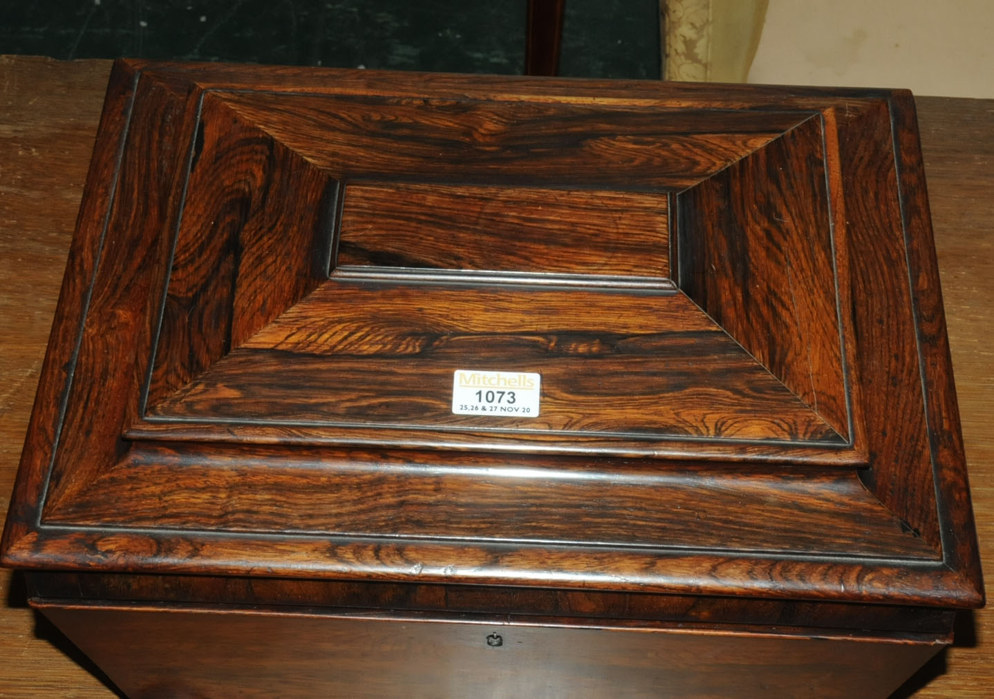 A Regency rosewood table box, with bronze handles, sarcophagus form with interior fitted for sewing. - Image 7 of 10