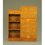 An Art Deco walnut bureau cabinet, with bureau drawer, cupboard and shelves. Height 111.