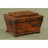 A Regency rosewood table box, with bronze handles, sarcophagus form with interior fitted for sewing.