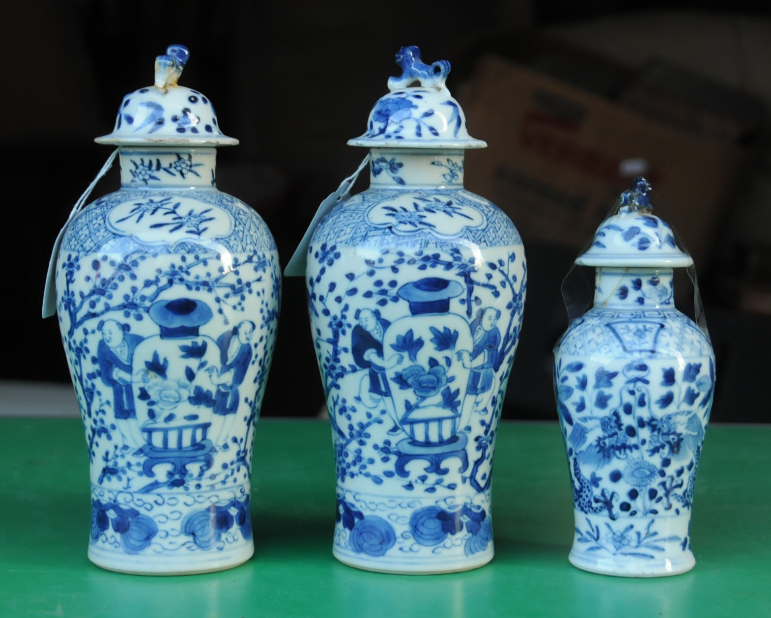A pair of Chinese blue and white lidded vases, and another similar but smaller, - Image 4 of 14