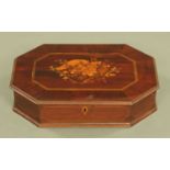 A George III marquetry and mahogany tabletop box, octagonal with fitted interior.
