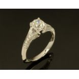 A platinum diamond ring, diamond +/- 1.16 carats, size M.