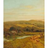 George Shalders (1826-1873), oil on canvas, river landscape with figures and sheep. 29 cm x 24.