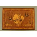 A 19th century rectangular walnut and marquetry panel, decorated to the centre with fishermen.