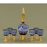 A Venetian decanter, and 6 glasses. Decanter height 36 cm.