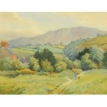 S J M Brown, a watercolour landscape with cottage scene and figure. 24 cm x 32 cm.