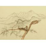 Field, large drawing of mountains and branch. 54 cm x 74 cm, framed, signed Field and dated 1966.