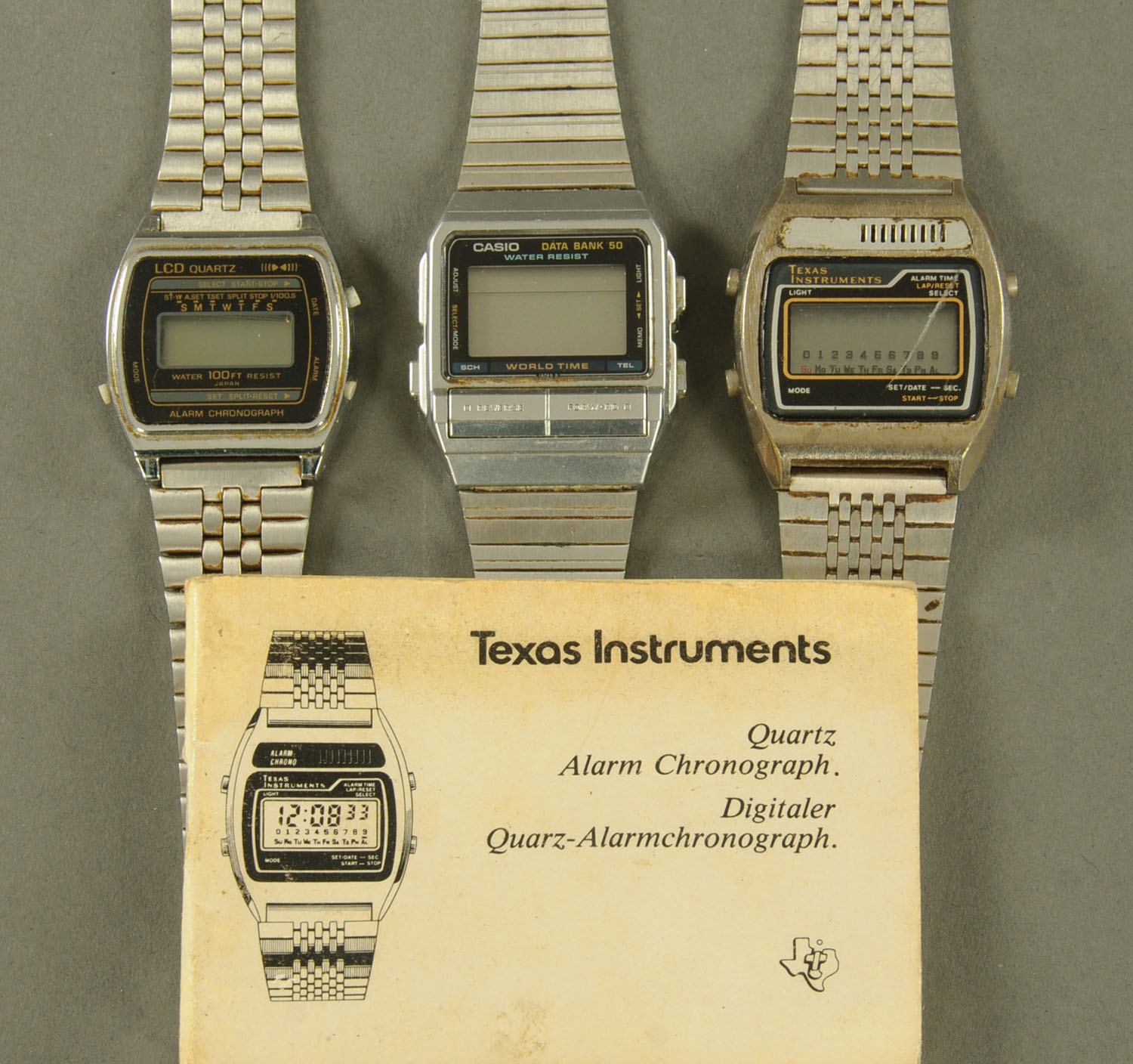 Three 1970's digital watches, Casio, Texas Instruments and another.