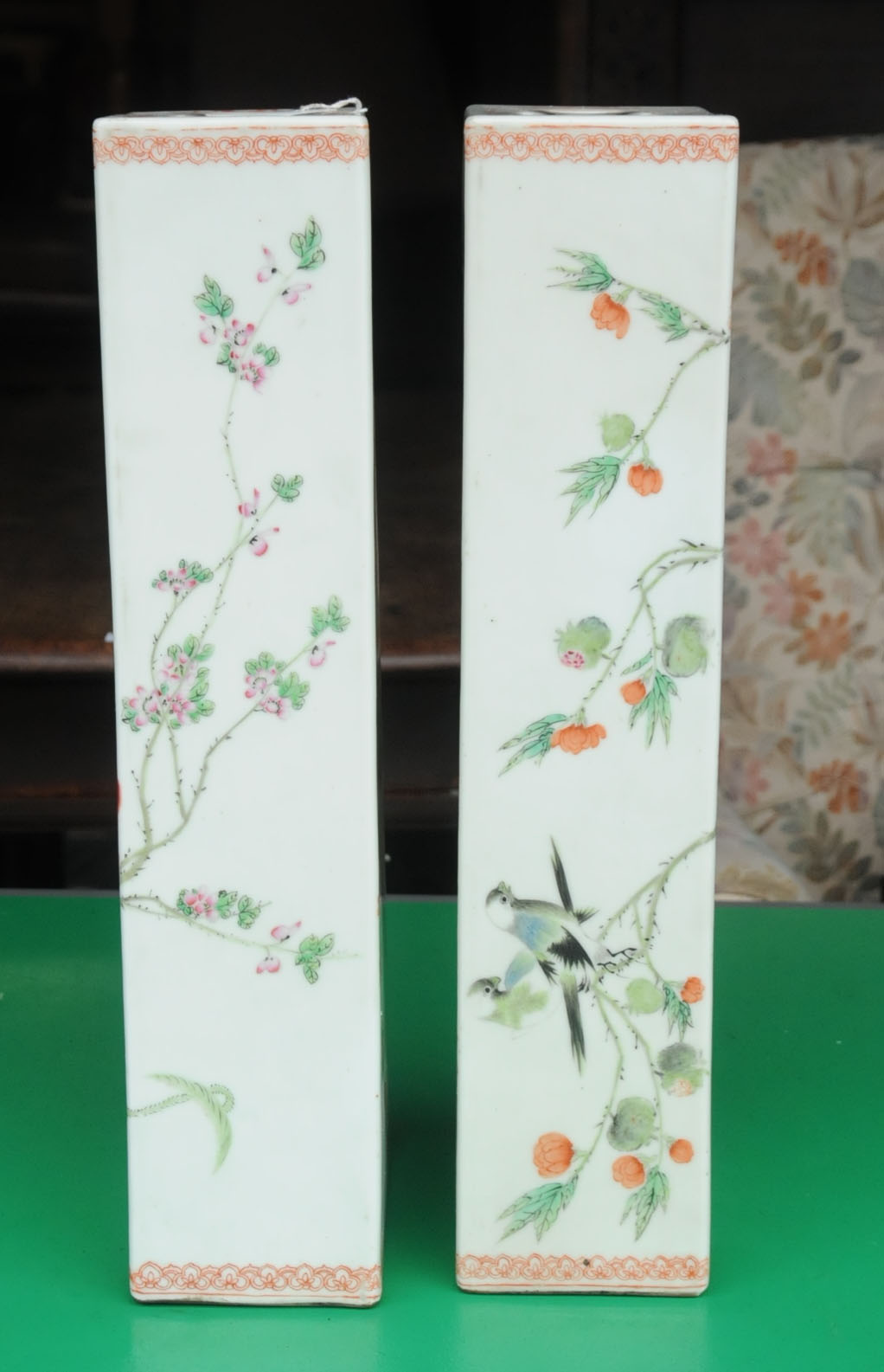 A pair of Chinese rectangular tall stands, decorated with chrysanthemum and birds. Height 42 cm. - Image 5 of 7