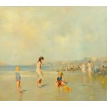 J Epinet, large oil painting on canvas of a continental beach scene.