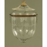 A 19th century etched glass inverted dome shaped hall lantern with suspension.