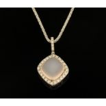 An 18 ct white gold rose quartz and diamond set pendant, on white gold chain.