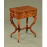 A continental mahogany worktable, with lift up top, mirror to interior,