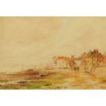 Ronald F Adams, a watercolour coastal scene with figures and village. 24.