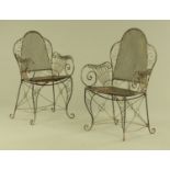 Two formed wire armchairs, with latticework backs and cabriole type front legs.